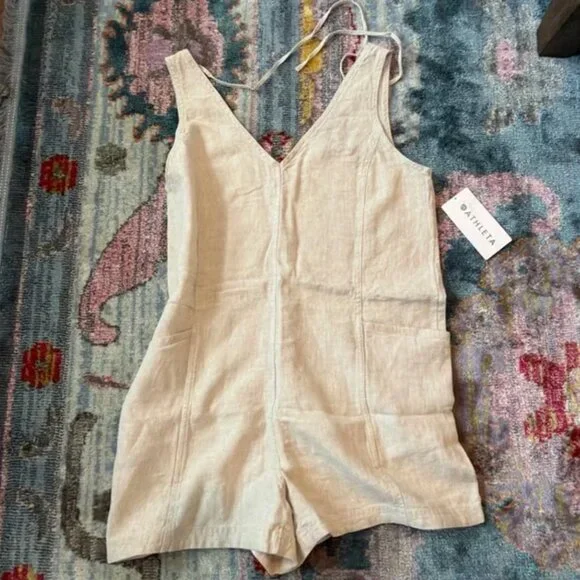NWT Athleta Retreat Cream Linen Jumpsuit Romper Size Medium - Picture 2 of 11